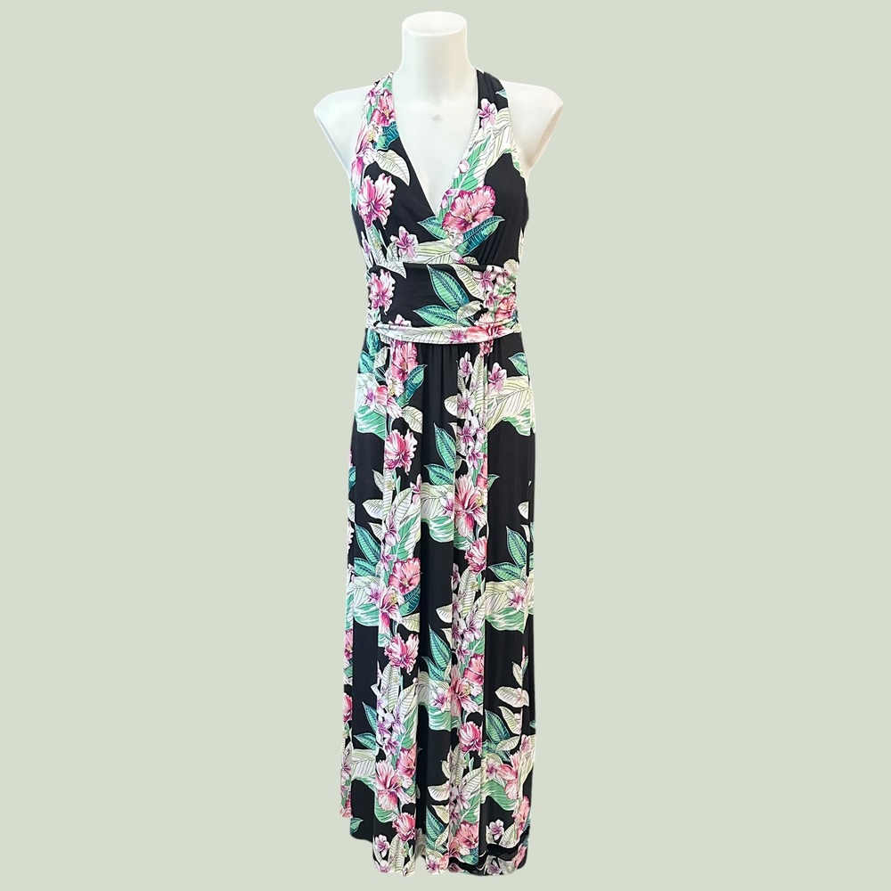 Tommy Bahama Maria Mambo Maxi Halter Dress Black Multi Floral - New Sz M
